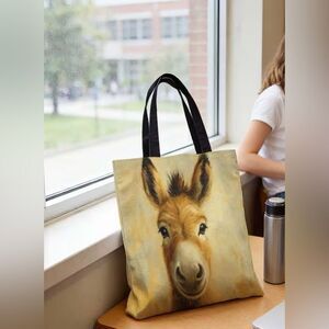 Donkey Face Canvas Tote Bag in Warm Beige and Brown